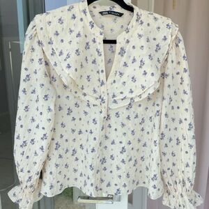 Zara Cream Blouse with Purple Floral Print